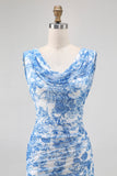 Blue Flower Sheath Cowl Neck Printed Long Bridesmaid Dress with Slit