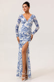 Blue & White Floral Sheath Long Sleeves V-Neck Maxi Dress with Side Slit
