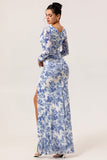 Blue & White Floral Sheath Long Sleeves V-Neck Maxi Dress with Side Slit