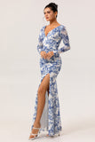 Blue & White Floral Sheath Long Sleeves V-Neck Maxi Dress with Side Slit