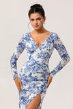 Blue & White Floral Sheath Long Sleeves V-Neck Maxi Dress with Side Slit