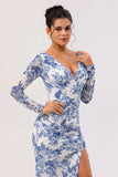 Blue & White Floral Sheath Long Sleeves V-Neck Maxi Dress with Side Slit