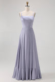 Dusty Blue A-Line Satin Long Bridesmaid Dress with Lace Up Back