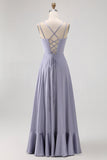 Dusty Blue A-Line Satin Long Bridesmaid Dress with Lace Up Back
