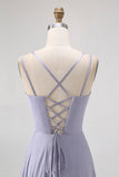 Dusty Blue A-Line Satin Long Bridesmaid Dress with Lace Up Back
