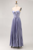 Dusty Blue A-Line Spaghetti Straps Satin Pleated Long Bridesmaid Dress