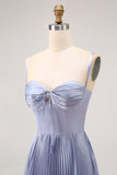 Dusty Blue A-Line Spaghetti Straps Satin Pleated Long Bridesmaid Dress