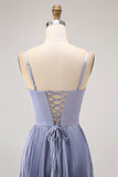 Dusty Blue A-Line Spaghetti Straps Satin Pleated Long Bridesmaid Dress