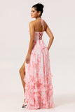 Blush A-Line Halter Pearls Ruffle Printed Floral Chiffon Maxi Dress with Slit