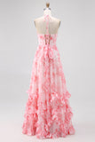 Blush A-Line Halter Pearls Ruffle Printed Floral Chiffon Maxi Dress with Slit
