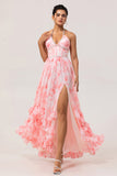 Blush A-Line Halter Pearls Ruffle Printed Floral Chiffon Maxi Dress with Slit