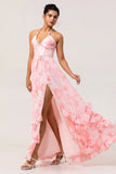 Blush A-Line Halter Pearls Ruffle Printed Floral Chiffon Maxi Dress with Slit