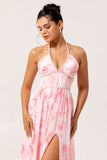 Blush A-Line Halter Pearls Ruffle Printed Floral Chiffon Maxi Dress with Slit