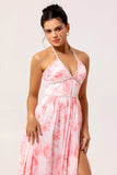 Blush A-Line Halter Pearls Ruffle Printed Floral Chiffon Maxi Dress with Slit