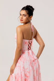 Blush A-Line Halter Pearls Ruffle Printed Floral Chiffon Maxi Dress with Slit