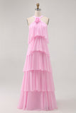 Elegant Candy Pink A-Line Halter Neck Tiered Chiffon Maxi Dress with Rose Accent