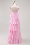 Elegant Candy Pink A-Line Halter Neck Tiered Chiffon Maxi Dress with Rose Accent