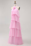 Elegant Candy Pink A-Line Halter Neck Tiered Chiffon Maxi Dress with Rose Accent