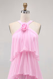 Elegant Candy Pink A-Line Halter Neck Tiered Chiffon Maxi Dress with Rose Accent