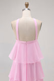Elegant Candy Pink A-Line Halter Neck Tiered Chiffon Maxi Dress with Rose Accent