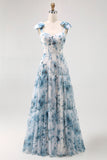 Blue Watercolor Floral A-Line Chiffon Bow Strap Maxi Bridesmaid Dress with Lace Up Back