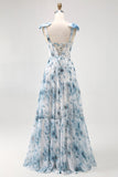 Blue Watercolor Floral A-Line Chiffon Bow Strap Maxi Bridesmaid Dress with Lace Up Back