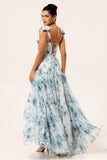 Blue Watercolor Floral A-Line Chiffon Bow Strap Maxi Bridesmaid Dress with Lace Up Back