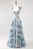 Blue Watercolor Floral A-Line Chiffon Bow Strap Maxi Bridesmaid Dress with Lace Up Back