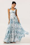 Blue Watercolor Floral A-Line Chiffon Bow Strap Maxi Bridesmaid Dress with Lace Up Back