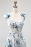 Blue Watercolor Floral A-Line Chiffon Bow Strap Maxi Bridesmaid Dress with Lace Up Back