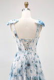 Blue Watercolor Floral A-Line Chiffon Bow Strap Maxi Bridesmaid Dress with Lace Up Back