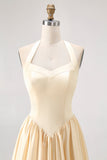 Daffodil Halter A Line Satin Long Bridesmaid Dress with Lace Up Back