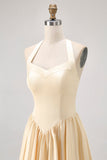 Daffodil Halter A Line Satin Long Bridesmaid Dress with Lace Up Back
