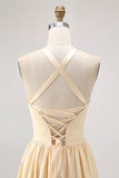 Daffodil Halter A Line Satin Long Bridesmaid Dress with Lace Up Back