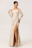 Ivory Peach Floral Sheath Square Neck Chiffon Long Sleeves Maxi Dress with High Slit