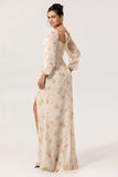 Ivory Peach Floral Sheath Square Neck Chiffon Long Sleeves Maxi Dress with High Slit