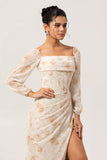 Ivory Peach Floral Sheath Square Neck Chiffon Long Sleeves Maxi Dress with High Slit