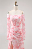 Pink Floral Off-Shoulder Chiffon Fitted Bodice Maxi Dress with Slight Flare