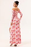 Pink Flower Off The Shoulder Fitted Floral Ruched Long Sleeves Maxi Dress with Slit