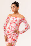 Pink Flower Off The Shoulder Fitted Floral Ruched Long Sleeves Maxi Dress with Slit
