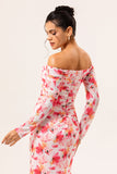 Pink Flower Off The Shoulder Fitted Floral Ruched Long Sleeves Maxi Dress with Slit