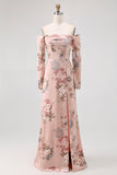 Blush Floral Off The Shoulder Printed Long Bridesmaid Dress with Slit