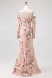 Blush Floral Off The Shoulder Printed Long Bridesmaid Dress with Slit