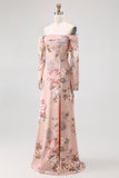 Blush Floral Off The Shoulder Printed Long Bridesmaid Dress with Slit
