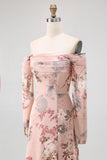 Blush Floral Off The Shoulder Printed Long Bridesmaid Dress with Slit