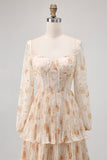 Ivory Floral Square Neck Corset Chiffon Backless Tiered Maxi Dress with Long Sleeves