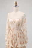 Ivory Floral Square Neck Corset Chiffon Backless Tiered Maxi Dress with Long Sleeves
