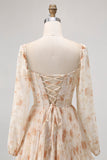 Ivory Floral Square Neck Corset Chiffon Backless Tiered Maxi Dress with Long Sleeves
