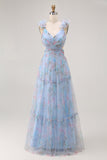 Pastel Blue Floral A-Line Tulle Maxi Dress with 3D Floral Shoulder Appliqu茅s