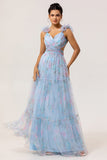 Pastel Blue Floral A-Line Tulle Maxi Dress with 3D Floral Shoulder Appliqu茅s